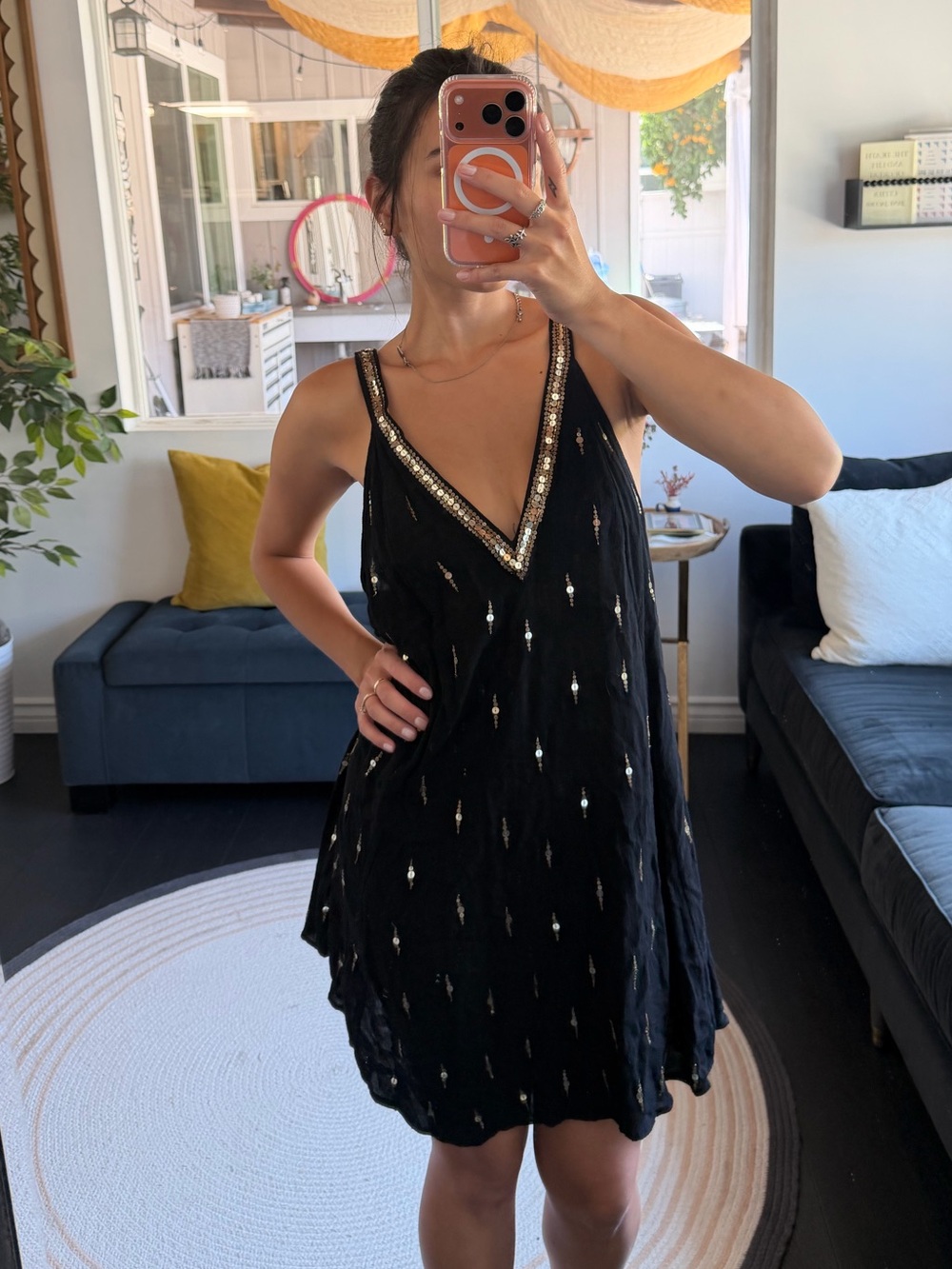 Free People Intimately Black Embellished V-Neck Women's Mini Dress (S)